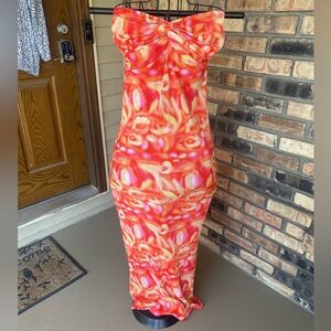 Vibrant Orange and Pink Women's strapless beach dress. Size 10. Sexy summer vibe